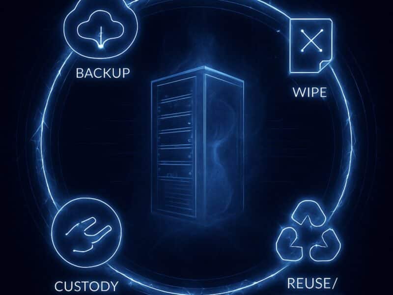 Server decommission checklist process showing backup, wipe, custody, and reuse/recycle steps around a central server icon.