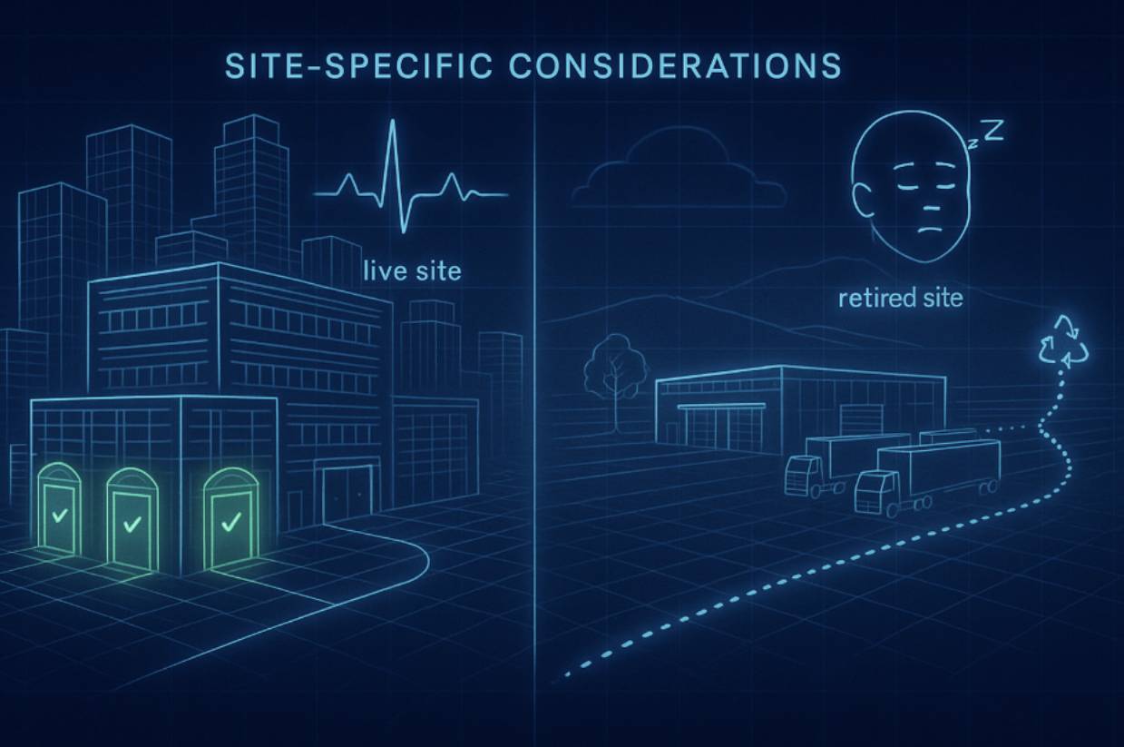 Data center site-specific considerations showing live site vs retired site