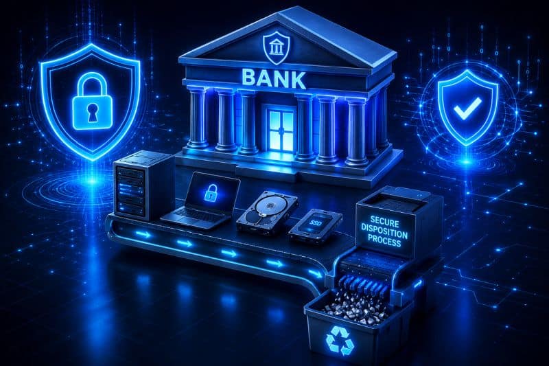 Specialized ITAD solution for banks demonstrating secure data destruction, compliant asset disposition, and protection of sensitive financial information.