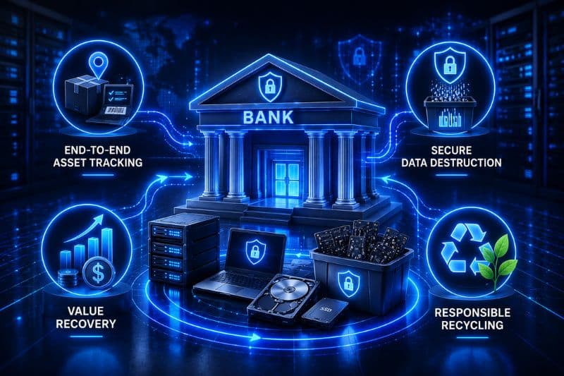 ITAD solution for banks highlighting asset tracking, secure data destruction, value recovery, and responsible electronics recycling.