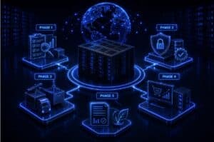 Graphic illustrating the five key phases of global data center decommissioning throughout the secure infrastructure retirement lifecycle.