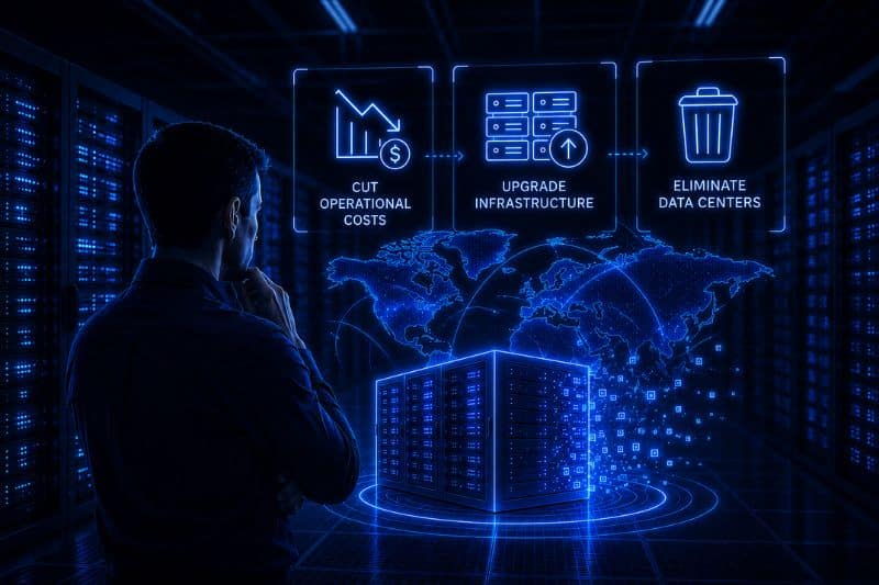 Graphic illustrating the business drivers behind global data center decommissioning, including cost reduction, infrastructure modernization, and data center consolidation.