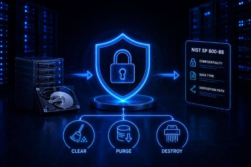 Illustration of secure data sanitization following NIST SP 800-88 guidelines for compliant data destruction during data center decommissioning.