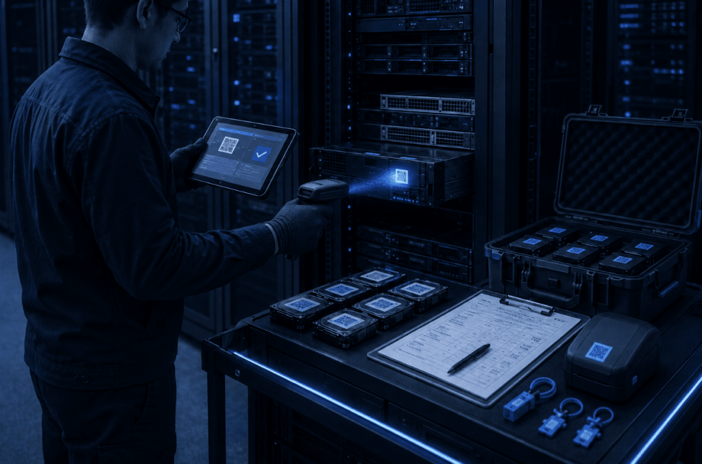 IT technician scanning asset tags to verify physical equipment against recorded IT asset inventory.