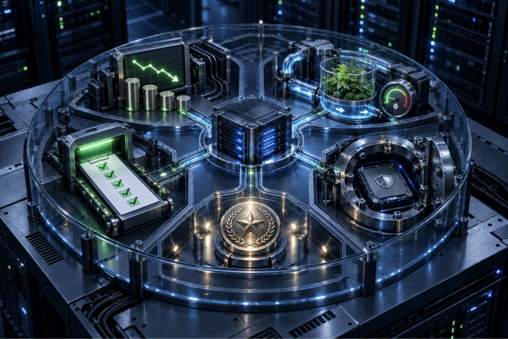 Enterprise server system representing lower costs, energy efficiency, regulatory compliance, data security, and improved reputation through sustainable IT.