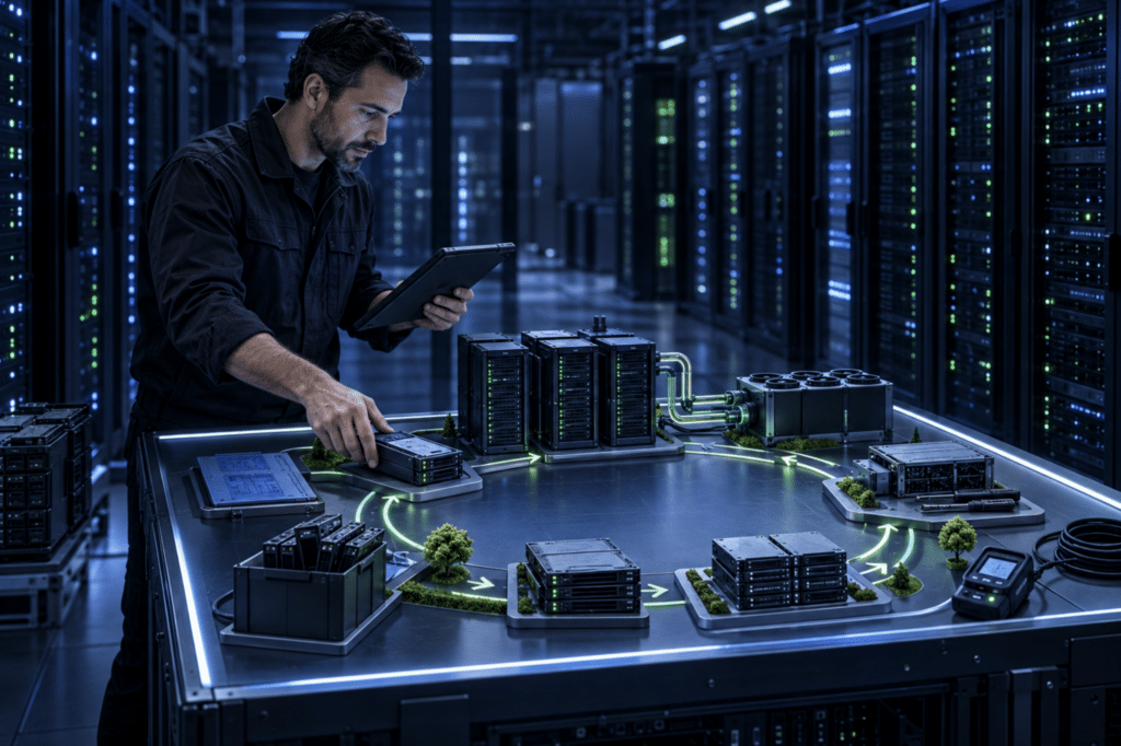 Technician planning an enterprise sustainable IT program covering energy efficiency, equipment reuse, cooling, and responsible asset management.