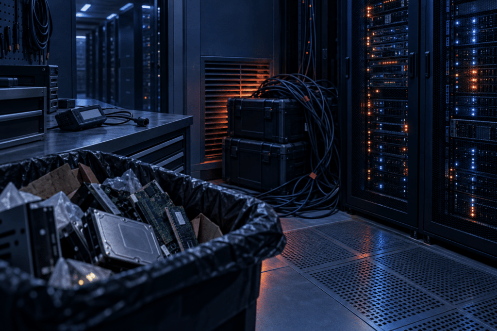 Discarded computer components beside active servers, highlighting poor equipment management that undermines sustainable IT programs.